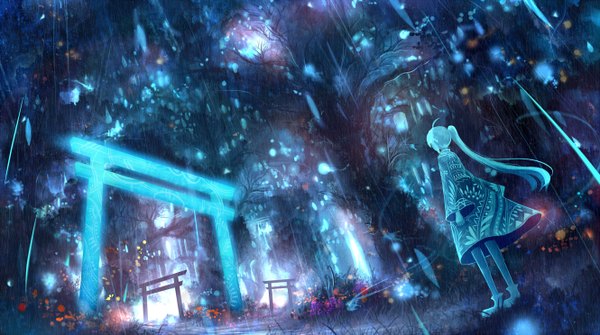 Anime picture 1330x744 with original bounin single long hair fringe wide image standing ahoge aqua hair wide sleeves from below side ponytail glowing rain girl dress flower (flowers) plant (plants) tree (trees) grass