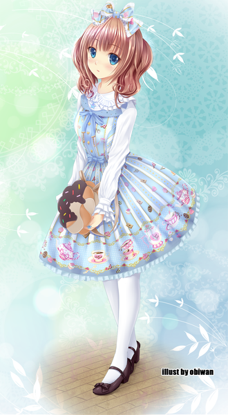 Anime picture 1200x2177 with original obiwan single tall image looking at viewer blush short hair open mouth blue eyes brown hair lolita fashion girl thighhighs dress hair ornament ribbon (ribbons) hair ribbon white thighhighs