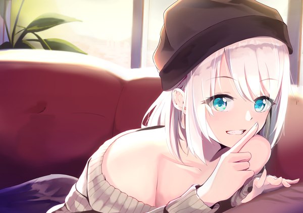 Anime picture 2064x1457 with original wayuzz99 single long hair blush highres blue eyes bare shoulders looking away white hair indoors finger to mouth girl plant (plants) window sweater couch cap