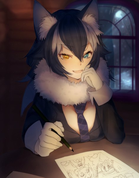 Anime picture 945x1205 with kemono friends serval (kemono friends) grey wolf (kemono friends) kaban (kemono friends) ancolatte (onikuanco) single long hair tall image looking at viewer fringe breasts open mouth blue eyes light erotic black hair smile hair between eyes large breasts holding animal ears