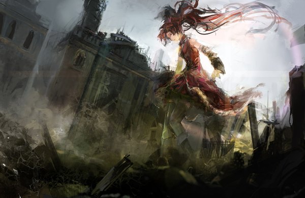 Anime picture 1200x781 with mahou shoujo madoka magica shaft (studio) sakura kyouko relax (artist) single long hair red eyes ponytail red hair ruins girl thighhighs dress black thighhighs building (buildings)