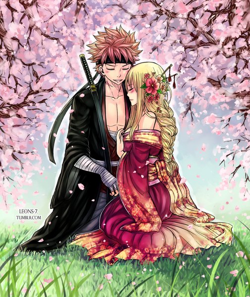 Anime picture 1024x1218 with fairy tail lucy heartfilia natsu dragneel leonstar long hair tall image blush short hair blonde hair sitting pink hair full body outdoors braid (braids) eyes closed traditional clothes parted lips japanese clothes hair flower wide sleeves