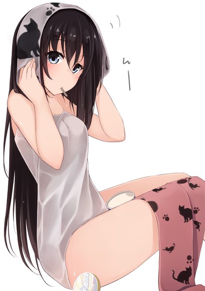 Anime picture 700x990 with yahari ore no seishun love comedy wa machigatteiru. brains base (studio) yukinoshita yukino netarou single long hair tall image looking at viewer blush blue eyes black hair simple background white background sitting bare shoulders naked towel drying hair girl towel