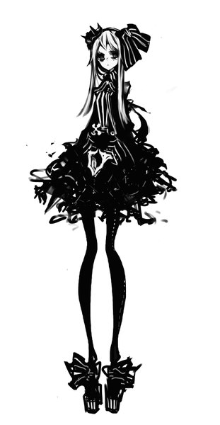 Anime picture 883x1700 with original kiku (kicdoc) single long hair tall image looking at viewer white hair black eyes monochrome hands clasped girl dress hair ornament bow pantyhose