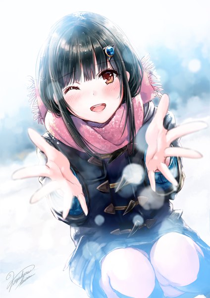 Anime picture 905x1280 with original kazuharu kina single long hair tall image looking at viewer blush fringe open mouth black hair smile red eyes signed blunt bangs one eye closed blurry depth of field snowing winter snow