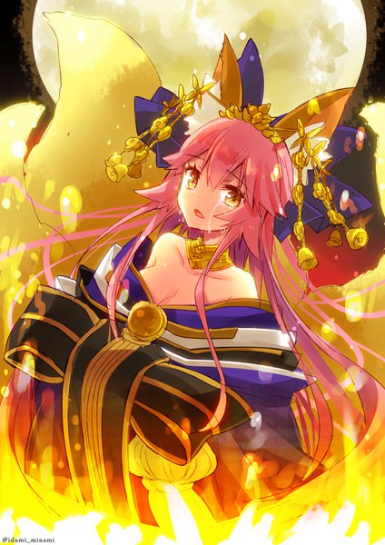 Anime picture 723x1023 with fate (series) fate/grand order fate/extra tamamo (fate) (all) tamamo no mae (fate) izumi minami single long hair tall image looking at viewer fringe open mouth hair between eyes bare shoulders signed animal ears yellow eyes pink hair cleavage tail