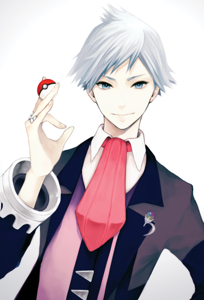 Anime picture 600x880 with pokemon nintendo steven stone yoonmi single tall image looking at viewer short hair blue eyes simple background smile white background upper body grey hair hand on hip boy ring neckerchief pokeball