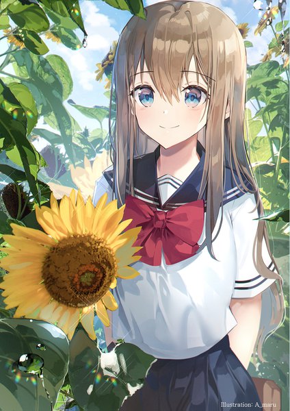Anime picture 1000x1415 with original unity (ekvmsp02) single long hair tall image looking at viewer blush fringe blue eyes smile hair between eyes brown hair standing signed payot sky cloud (clouds) outdoors sparkle short sleeves