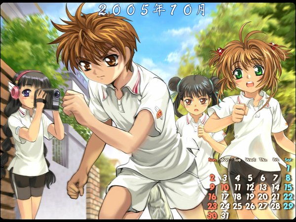 Anime picture 1024x768 with card captor sakura clamp kinomoto sakura daidouji tomoyo li xiaolang li meiling mutsuki (moonknives) braid (braids) hair bun (hair buns) twin braids running calendar 2005 uniform shorts gym uniform white shorts camera headset calendar camcorder