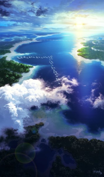 Anime picture 709x1200 with original mocha (cotton) tall image sky cloud (clouds) horizon flying no people landscape scenic river morning sunrise plant (plants) animal tree (trees) water bird (birds) forest sun