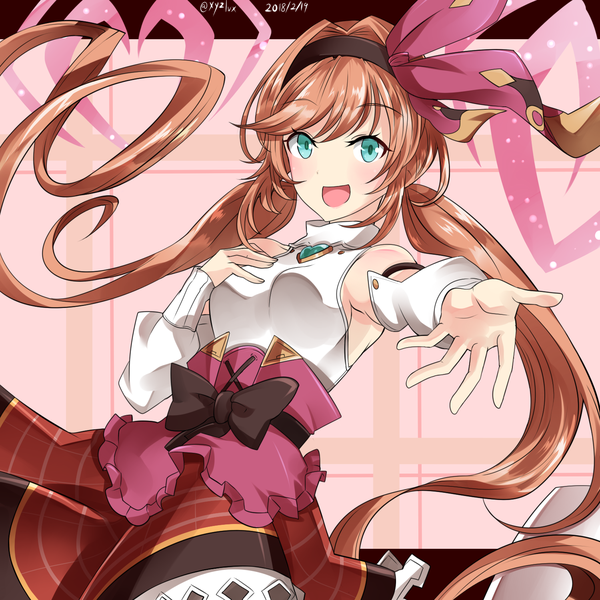 Anime picture 1500x1500 with granblue fantasy clarisse (granblue fantasy) hebitsukai-san single looking at viewer blush fringe breasts open mouth simple background smile hair between eyes brown hair standing twintails signed payot very long hair :d aqua eyes