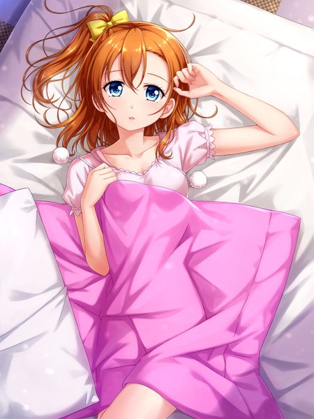 Anime picture 1080x1440 with love live! school idol project sunrise (studio) love live! kousaka honoka tucana single tall image looking at viewer short hair blue eyes lying orange hair one side up girl bow hair bow pajamas