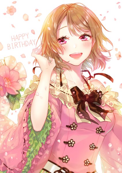 Anime picture 1273x1800 with love live! school idol project sunrise (studio) love live! koizumi hanayo sudach koppe single tall image blush short hair open mouth brown hair looking away upper body pink eyes wind happy birthday girl flower (flowers) petals frills