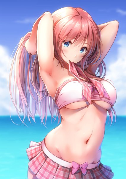 Anime picture 1000x1412 with vocaloid megurine luka bit (keikou syrup) single long hair tall image looking at viewer blush fringe breasts blue eyes light erotic hair between eyes large breasts pink hair sky cloud (clouds) pleated skirt blurry armpit (armpits)