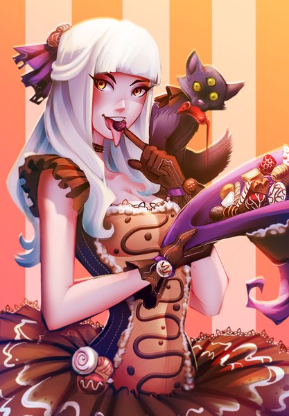 Anime picture 1200x1725 with pechan (artist) single long hair tall image fringe yellow eyes white hair eyebrows eating long tongue girl dress gloves hat animal food sweets cat witch hat candy