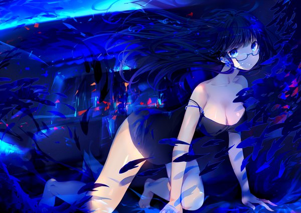 Anime picture 2050x1450 with original tlla (artist) single long hair looking at viewer fringe highres breasts blue eyes light erotic black hair large breasts cleavage blunt bangs barefoot floating hair strap slip on all fours girl dress