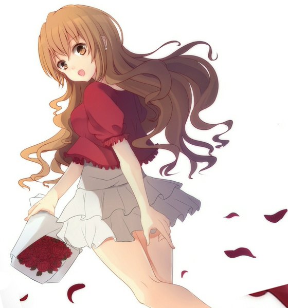 Anime picture 1328x1421 with golden time j.c. staff kaga kouko single long hair tall image open mouth simple background brown hair white background brown eyes girl dress skirt flower (flowers) petals rose (roses) bouquet