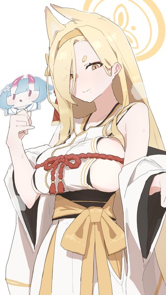 Anime-Bild 1440x2560 mit blue archive kaho (blue archive) chise (blue archive) makkurourufu single long hair tall image fringe breasts light erotic simple background blonde hair large breasts white background animal ears yellow eyes upper body hair over one eye mole fox ears
