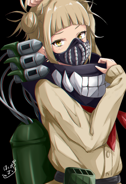 Anime-Bild 1026x1500 mit boku no hero academia studio bones toga himiko hoshimiya mashiro single long hair tall image looking at viewer blush fringe simple background blonde hair standing signed yellow eyes payot blunt bangs arm up hair bun (hair buns) fang (fangs)