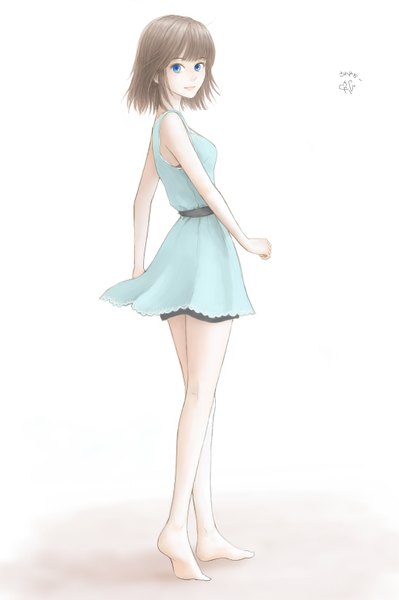 Anime picture 1075x1615 with original erurodo (artist) single tall image looking at viewer fringe short hair blue eyes simple background brown hair white background looking back barefoot light smile bare legs sleeveless girl dress blue dress