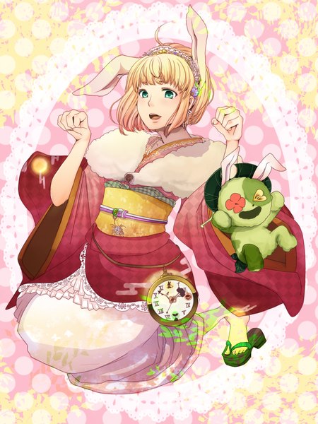 Anime picture 1500x2000 with alice in wonderland ao no exorcist a-1 pictures moriyama shiemi nii (ao no exorcist) tall image short hair open mouth blonde hair green eyes animal ears traditional clothes japanese clothes hair flower bunny ears girl hair ornament flower (flowers) plant (plants) tree (trees)