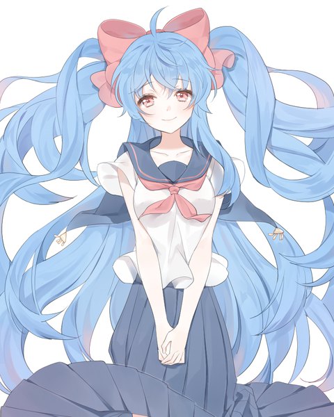 Anime picture 800x1000 with original marin (myuy 3) single tall image looking at viewer blush fringe simple background smile red eyes white background blue hair ahoge very long hair pleated skirt short sleeves two side up floating hair skirt uniform