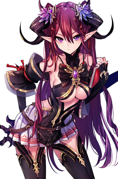 Anime picture 1786x2695 with original maruchi single long hair tall image looking at viewer blush fringe highres breasts light erotic simple background hair between eyes large breasts standing white background purple eyes holding red hair horn (horns)