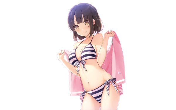 Anime picture 4800x3000 with saenai heroine no sodatekata a-1 pictures katou megumi 6u (eternal land) single looking at viewer blush fringe highres short hair breasts light erotic simple background brown hair standing white background bare shoulders brown eyes absurdres cleavage