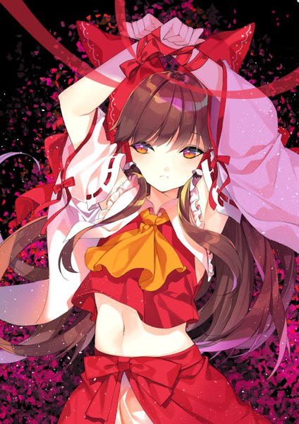 Anime picture 707x1000 with touhou hakurei reimu roh nam kyung single long hair tall image fringe brown hair brown eyes looking away bare belly girl skirt navel bow ribbon (ribbons) hair bow detached sleeves skirt set