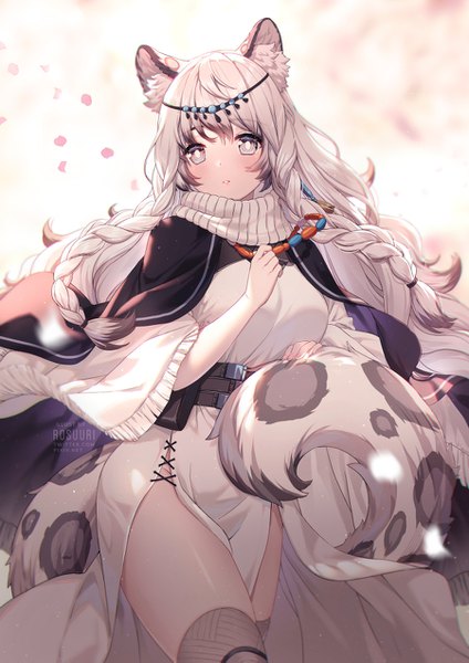 Anime picture 900x1273 with arknights pramanix (arknights) rosuuri single long hair tall image blush fringe simple background signed animal ears looking away silver hair tail braid (braids) parted lips animal tail twin braids side slit silver eyes