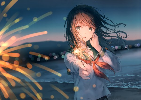 Anime picture 4865x3443 with original hiten (hitenkei) single long hair looking at viewer blush fringe highres open mouth brown hair standing holding absurdres outdoors :d pleated skirt wind blurry scan night