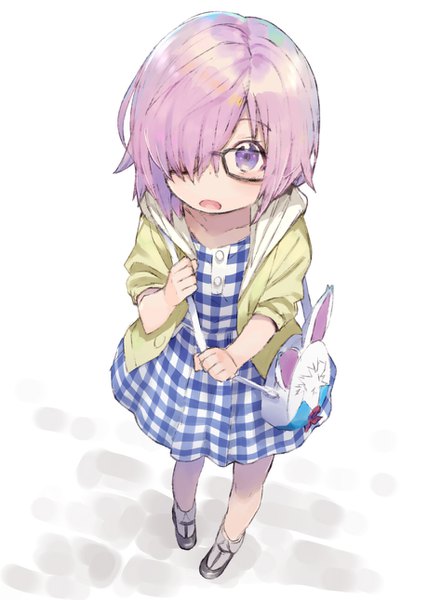 Anime picture 920x1290 with fate (series) fate/grand order mash kyrielight fou (fate) shirabi single tall image fringe short hair open mouth simple background white background purple eyes purple hair from above hair over one eye looking up plaid alternate age younger