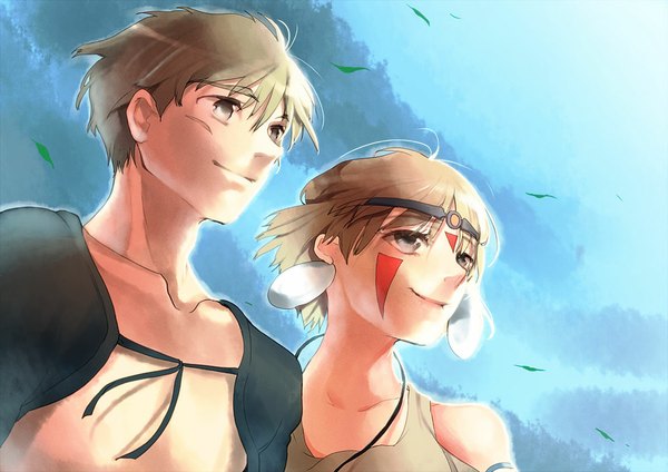 Anime picture 1000x708 with mononoke hime studio ghibli san ashitaka chachie short hair smile brown hair bare shoulders brown eyes sky wind couple facial mark face paint girl boy earrings