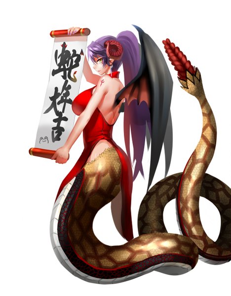 Anime picture 2182x2798 with original otaku (artist) hyoto aogaeru single long hair tall image highres yellow eyes purple hair ponytail tail horn (horns) pointy ears tattoo demon wings monster girl snake tail lamia girl earrings