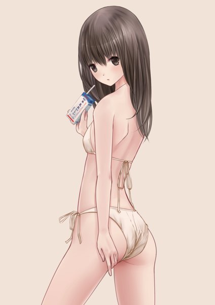 Anime picture 827x1169 with original chikuwa (odennabe) single long hair tall image blush black hair simple background standing bare shoulders ass looking back black eyes bare legs bare back girl swimsuit bikini side-tie bikini drink