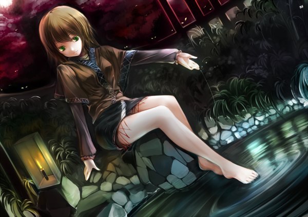 Anime picture 1460x1032 with touhou mizuhashi parsee cofepig short hair brown hair green eyes barefoot night dutch angle soles girl detached sleeves water lantern candle (candles)