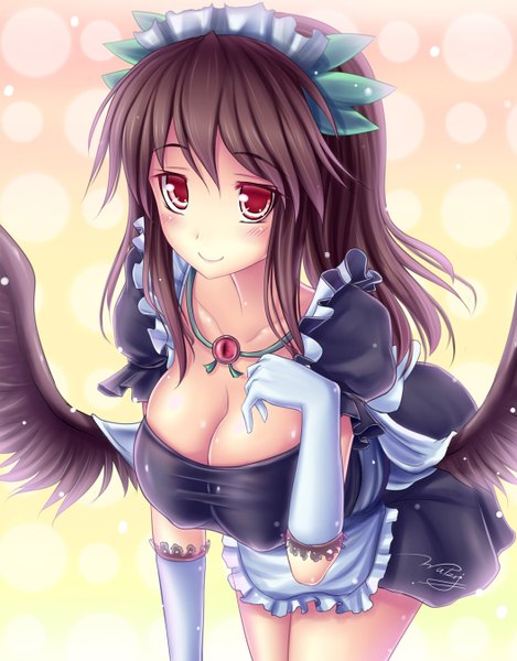 Anime picture 1054x1346 with touhou reiuji utsuho walzrj single long hair tall image blush breasts light erotic black hair red eyes large breasts cleavage light smile maid girl wings headdress maid headdress apron
