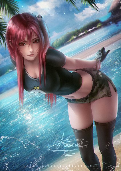 Anime picture 848x1200 with dead or alive honoka (doa) axsen single long hair tall image looking at viewer blush fringe breasts smile hair between eyes red eyes standing signed cleavage outdoors red hair realistic bare belly