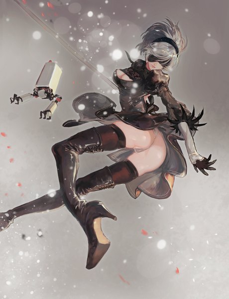 Anime picture 745x970 with nier nier:automata yorha no. 2 type b pod (nier:automata) yaku (ziroken) single tall image short hair light erotic silver hair ass grey background high heels cleavage cutout blindfold girl thighhighs dress gloves black thighhighs