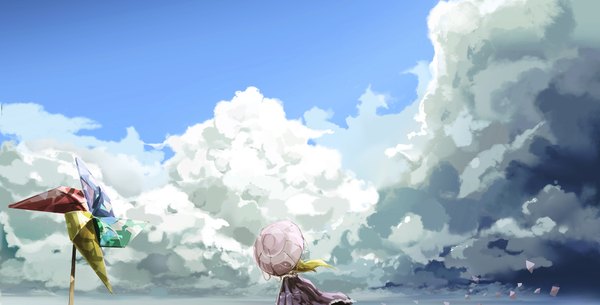 Anime picture 1754x892 with touhou yakumo yukari alter-c single long hair highres wide image standing sky cloud (clouds) green hair wind sunlight back girl dress flower (flowers) umbrella pinwheel