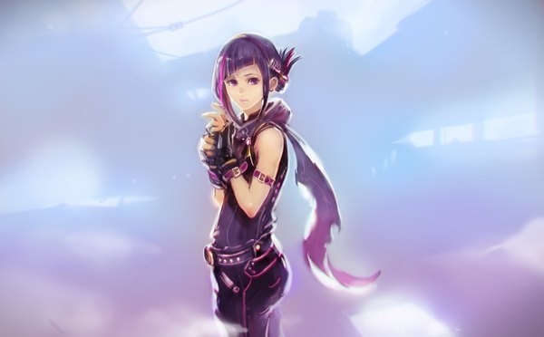 Anime picture 4000x2480 with original okuto single looking at viewer fringe highres short hair wide image standing purple eyes payot absurdres purple hair upper body multicolored hair two-tone hair folded ponytail girl gloves belt