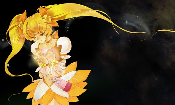 Anime picture 2000x1200 with futari wa pretty cure myoudouin itsuki cure sunshine rarumi highres blonde hair wide image twintails yellow eyes black background girl