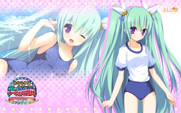 Anime picture 1920x1200 with osananajimi wa daitouryou (game) kouchuusen ezekiel highres wide image purple eyes green hair uniform swimsuit one-piece swimsuit gym uniform school swimsuit