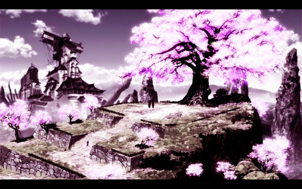 Anime picture 1680x1050 with afro samurai cma0251 wide image cherry blossoms landscape plant (plants) tree (trees)