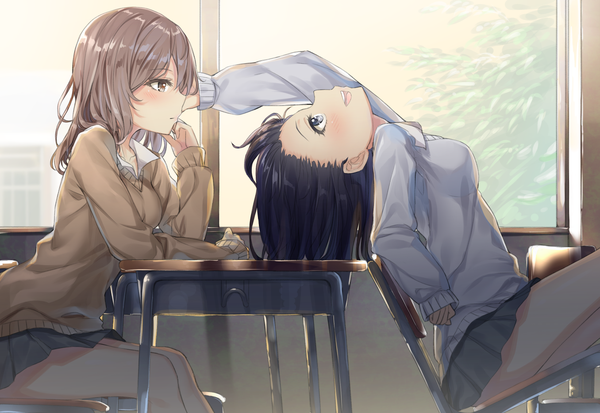 Anime picture 1356x935 with original hakuishi aoi long hair blush open mouth blue eyes black hair brown hair sitting multiple girls brown eyes looking away girl skirt uniform 2 girls school uniform miniskirt window sweater