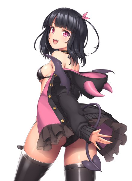 Anime picture 920x1260 with original sasaame single tall image looking at viewer fringe short hair breasts open mouth light erotic black hair simple background white background ass pink eyes looking back two side up sideboob girl thighhighs