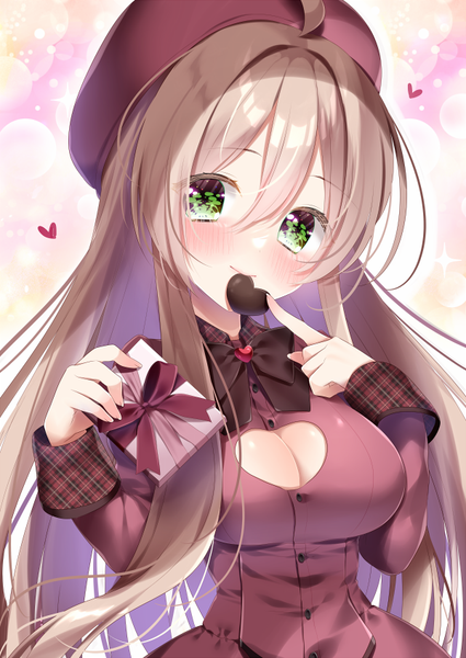 Anime picture 600x848 with original haruse meio single long hair tall image looking at viewer blush fringe breasts light erotic hair between eyes brown hair large breasts green eyes upper body ahoge cleavage cutout valentine girl food