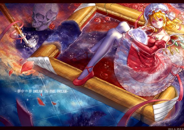 Anime picture 1500x1061 with touhou flandre scarlet jiao huashe single short hair blonde hair red eyes holding from above legs partially submerged surreal girl dress flower (flowers) detached sleeves wings water frills rose (roses)