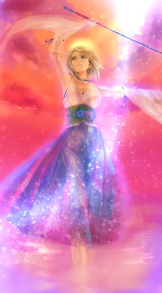 Anime picture 500x900 with final fantasy final fantasy x square enix yuna (ff10) gori single tall image short hair blue eyes blonde hair standing bare shoulders holding green eyes traditional clothes wide sleeves teeth heterochromia crossed legs looking up