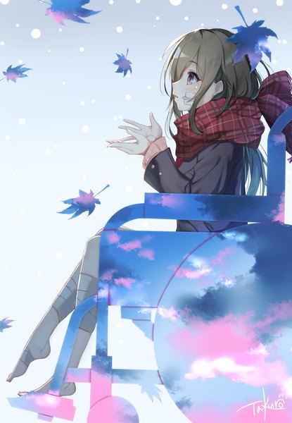 Anime picture 1500x2167 with original taku3949 single long hair tall image brown hair signed looking away full body bent knee (knees) profile barefoot snowing bandaid on face double exposure sky print girl scarf leaf (leaves) bandage (bandages)